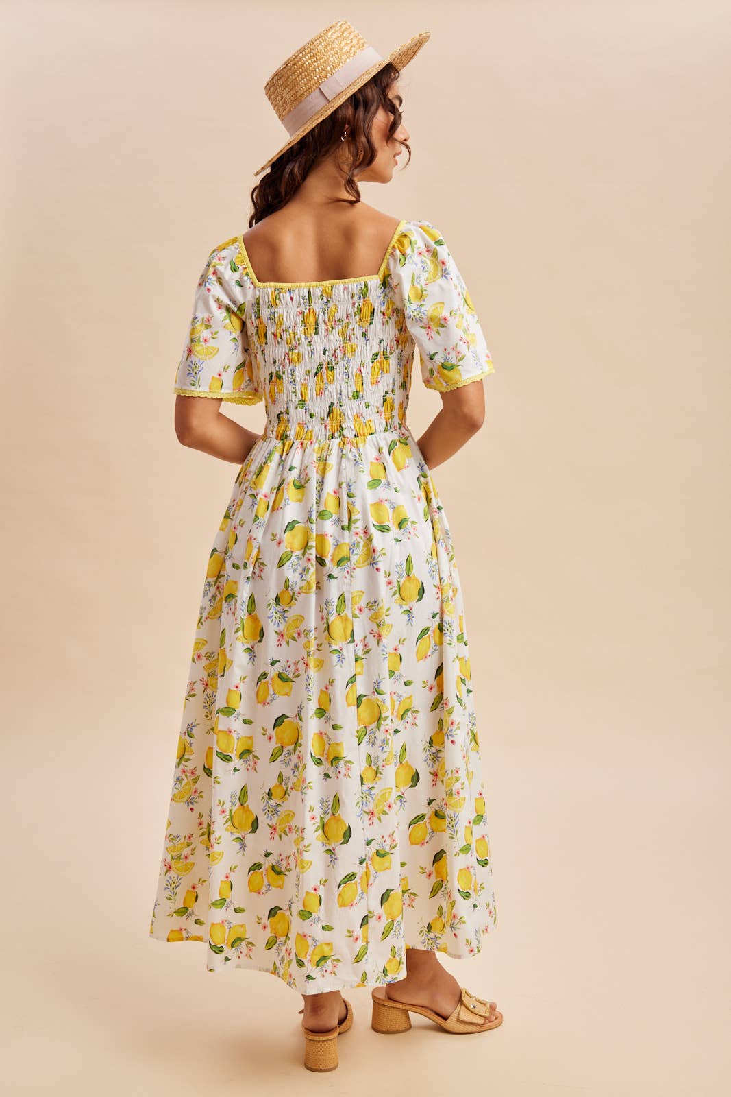 SMOCKED LEMON PRINT MAXI DRESS: CREME LEMON