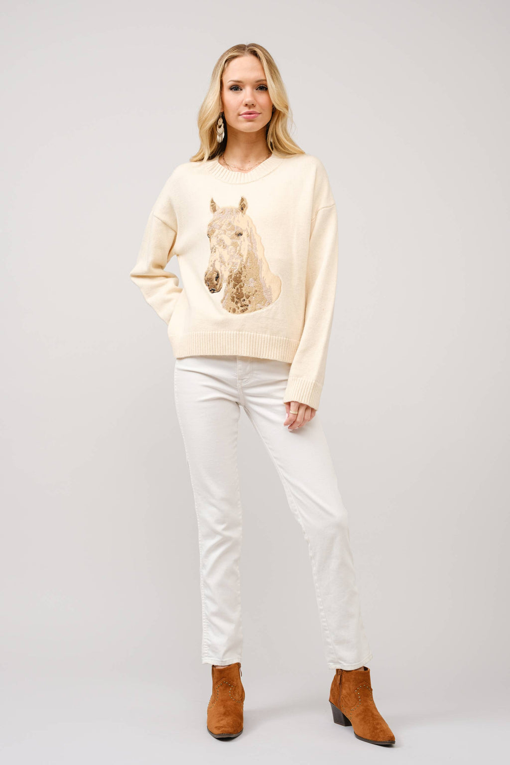 Embroidered Horse Crew Neck Sweater: CREAM