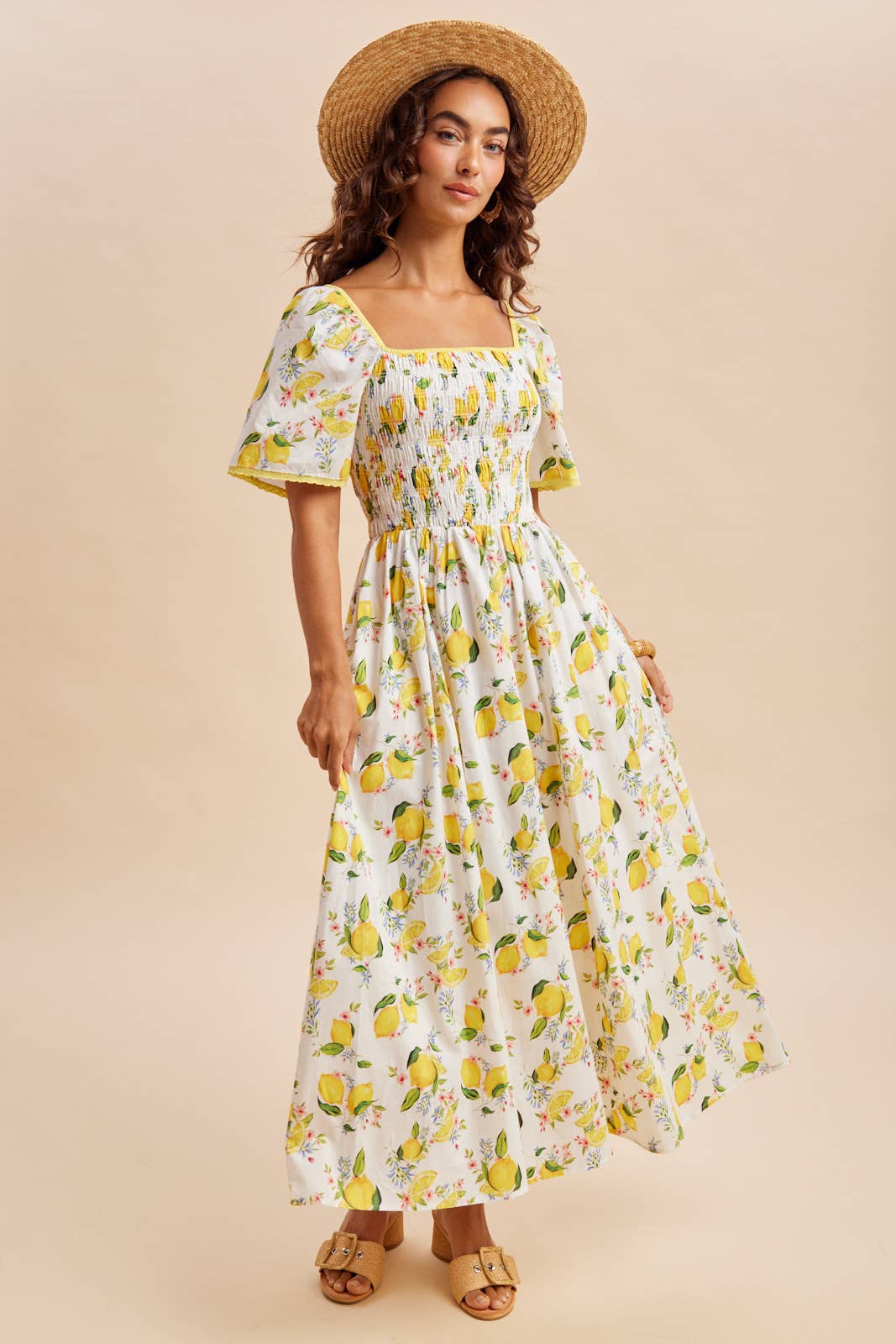 SMOCKED LEMON PRINT MAXI DRESS: CREME LEMON
