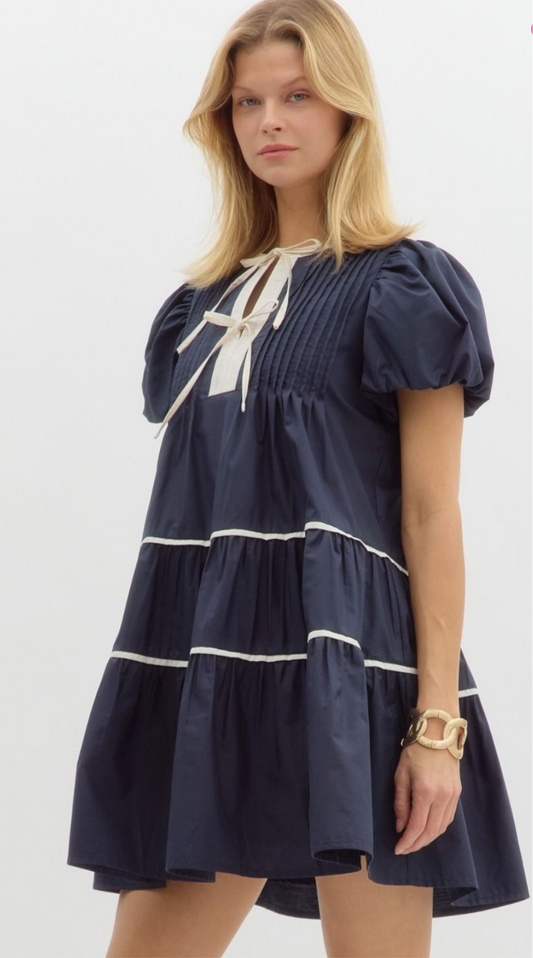 Nautical Puff Sleeve Navy Dress