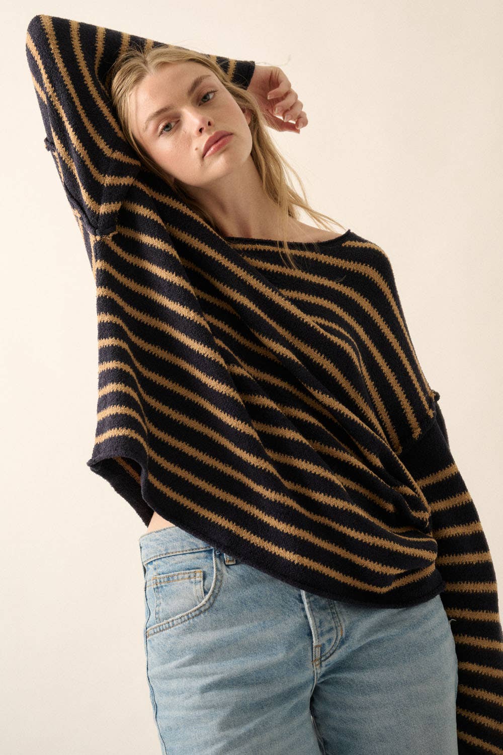 Cream Striped Knit Oversized Sweater