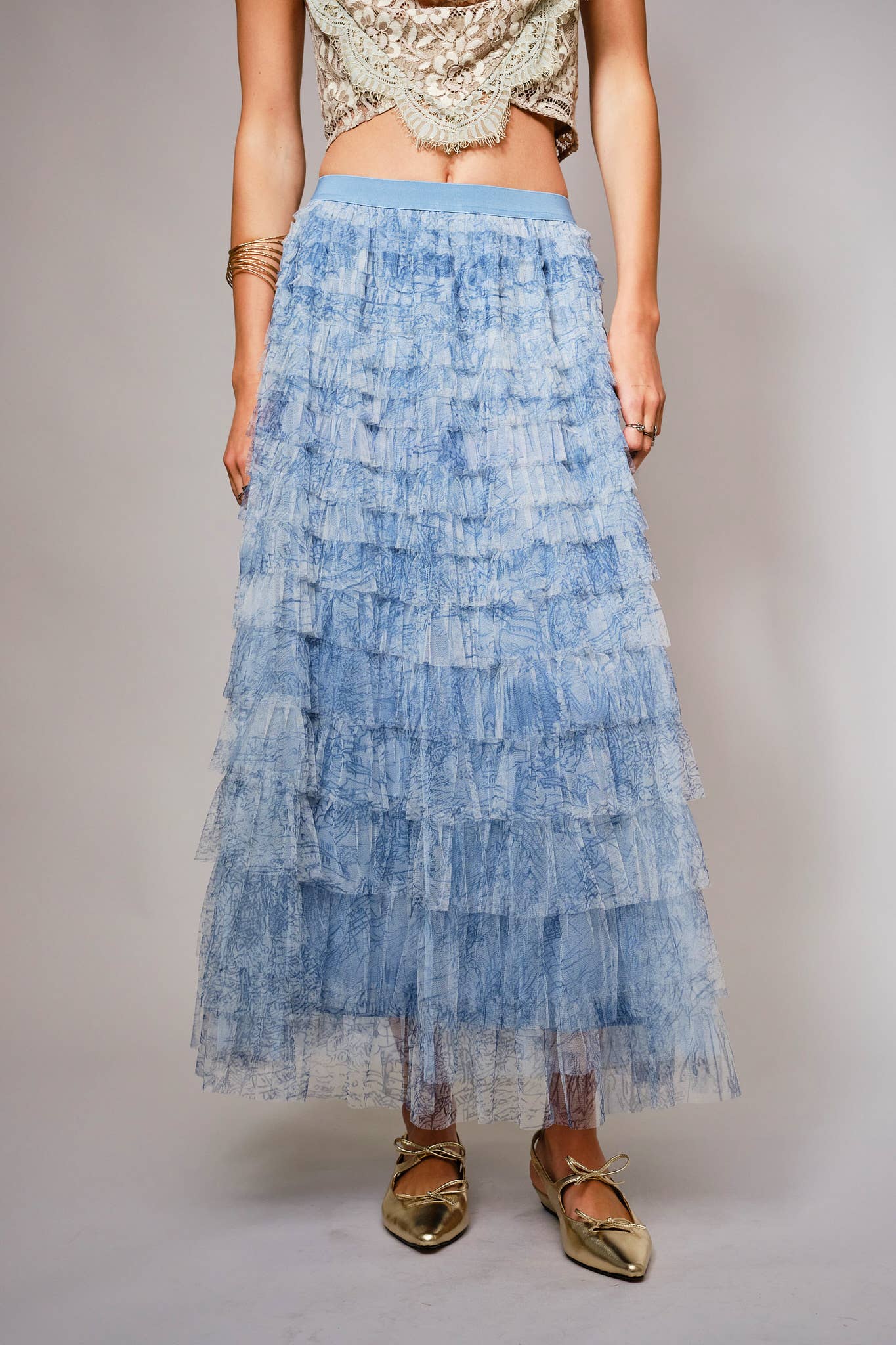 Tiered Ruffle Tulle Maxi Skirt: DUSTY BLUE
