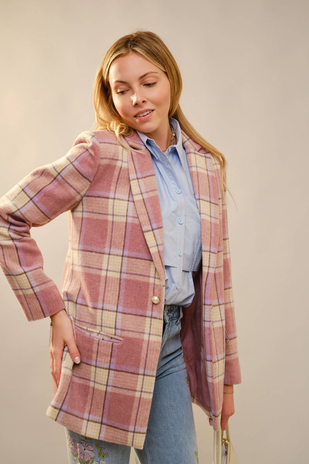Plaid Pearl Button Blazer
