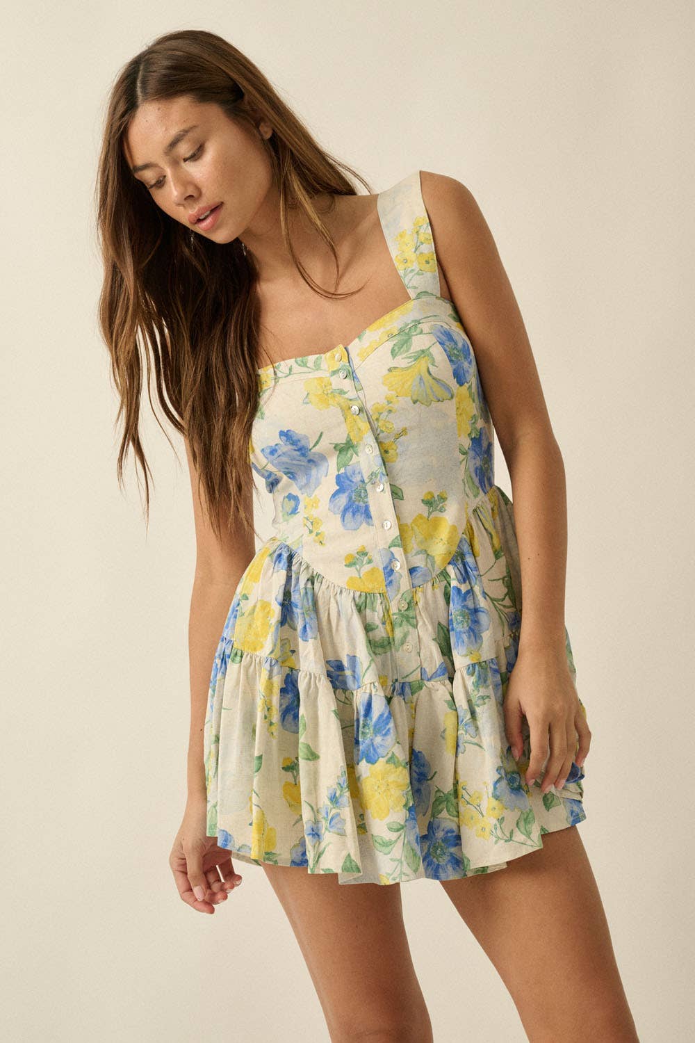 Floral-Print Fit-and-Flare Tiered Ruffle Romper