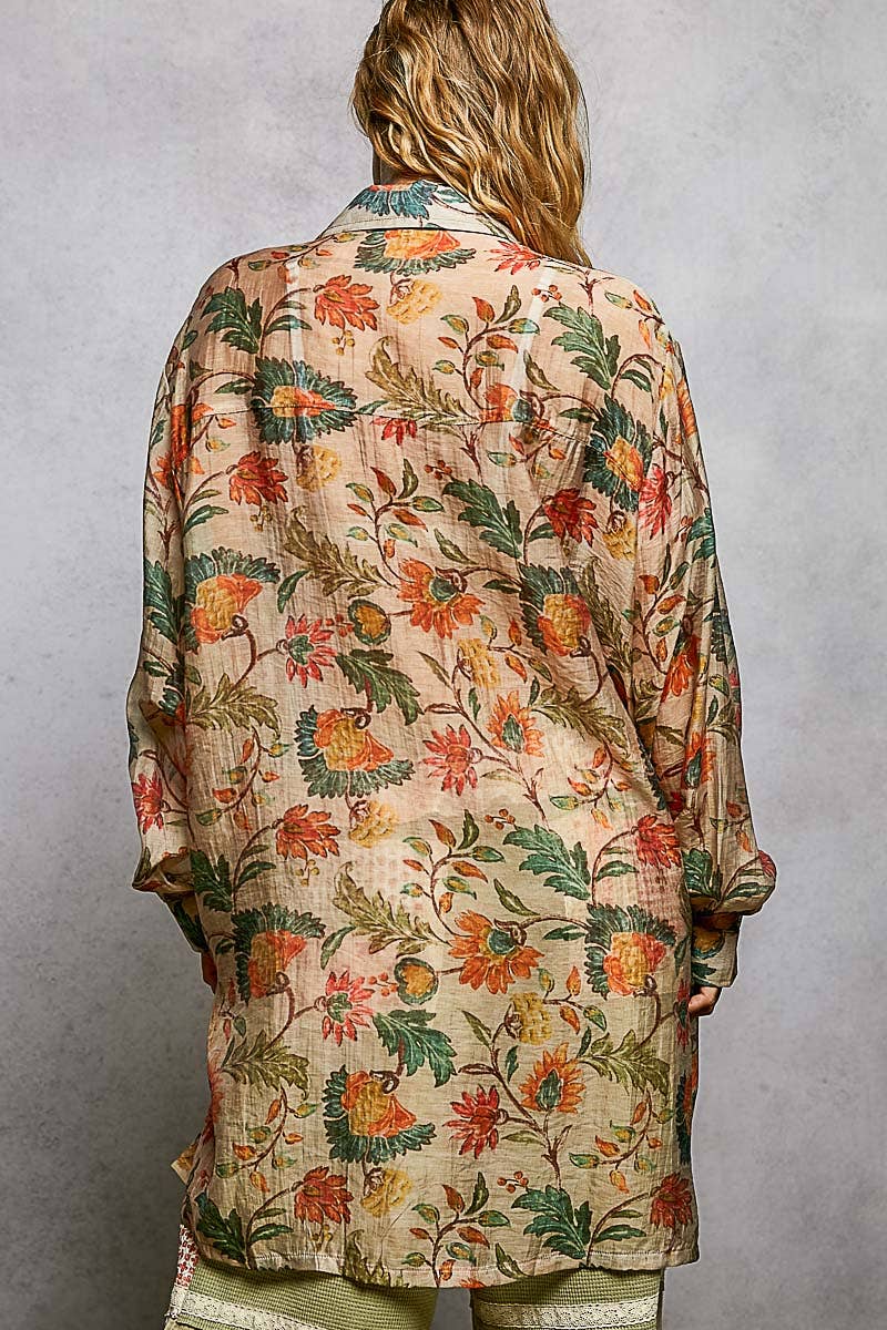 Boho Floral Print Long Sleeve Oversized Woven Shirt Top