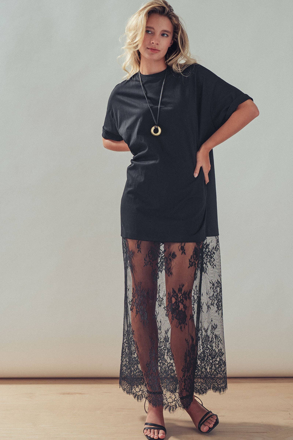 Mixed-Media T-Shirt Dress with Sheer Lace Skirt