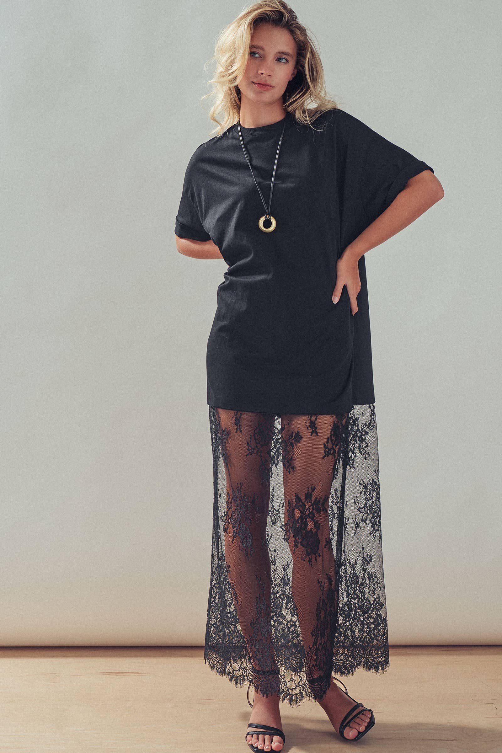Mixed-Media T-Shirt Dress with Sheer Lace Skirt