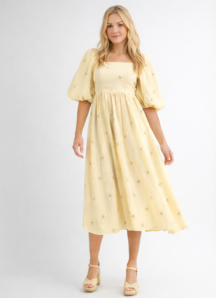 Smocked Puff Sleeve Midi Dress