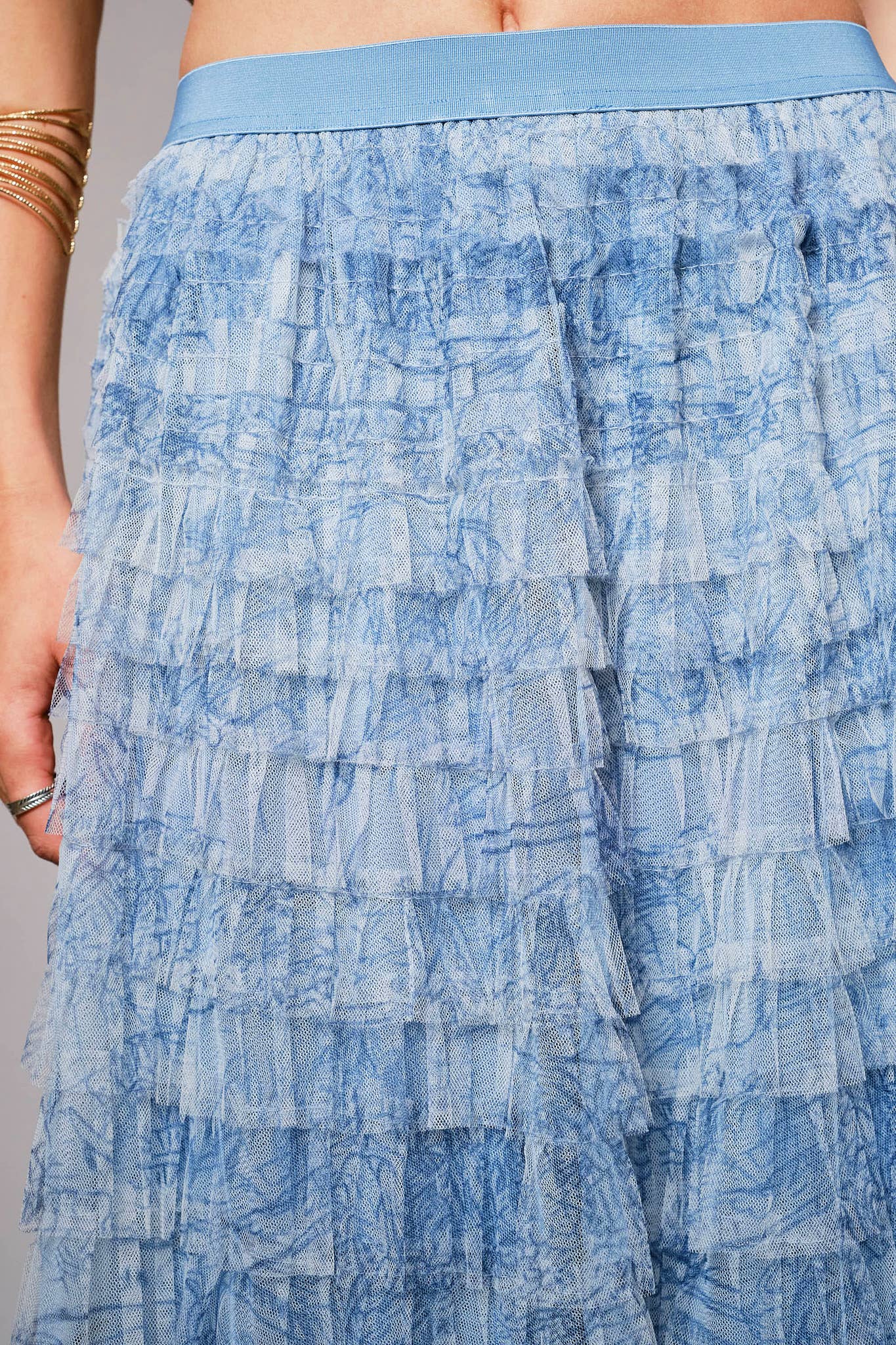 Tiered Ruffle Tulle Maxi Skirt: DUSTY BLUE
