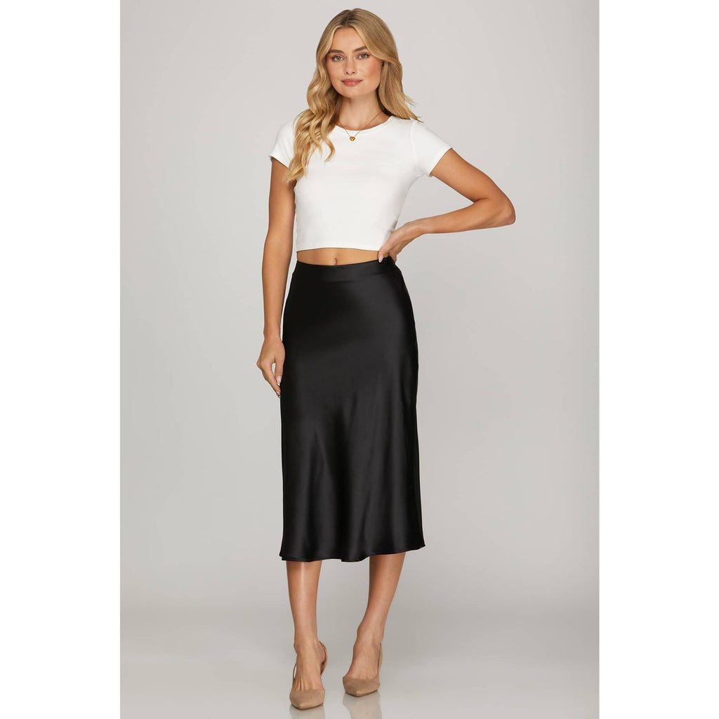 SATIN BIAS MIDI SKIRT: RED or BLACK