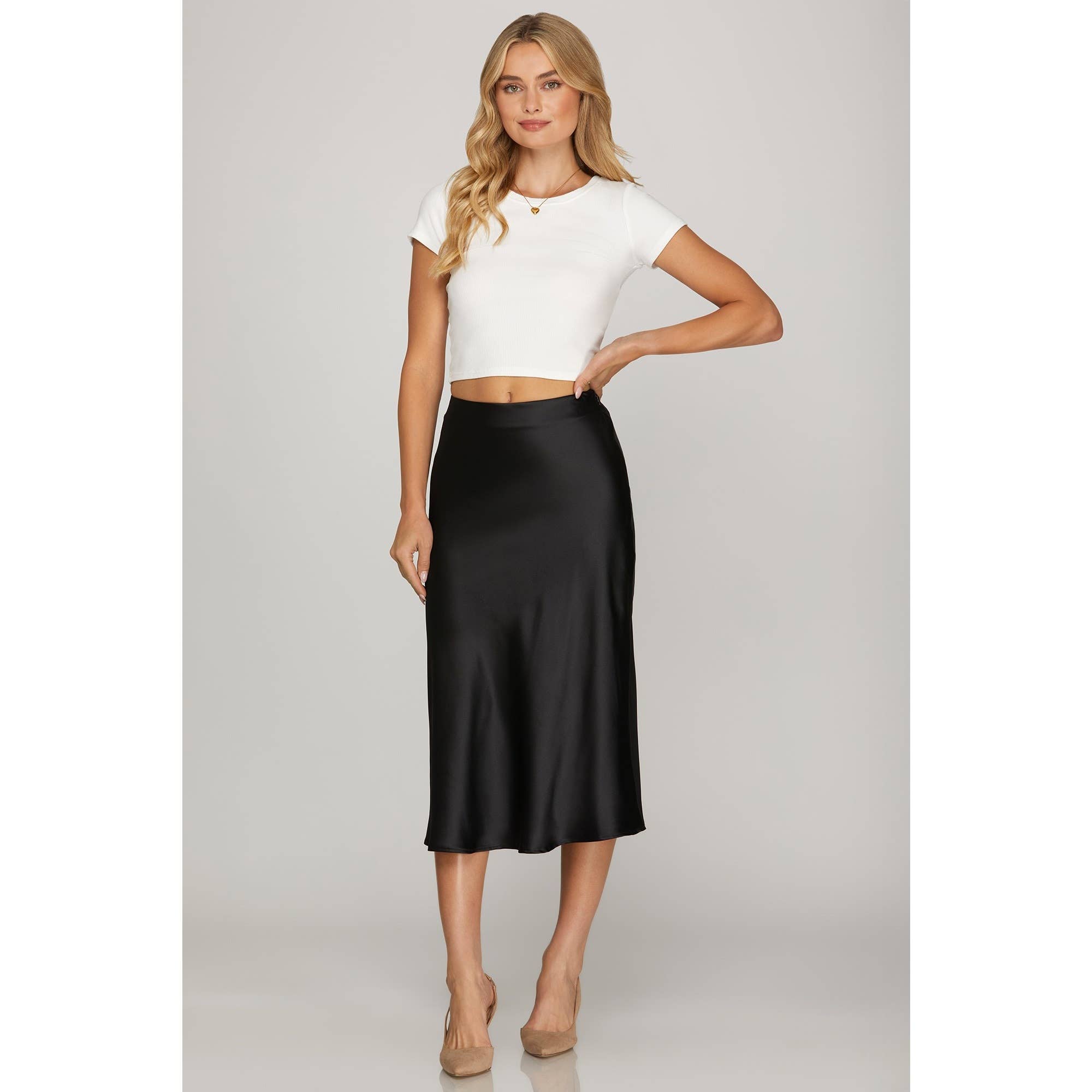 SATIN BIAS MIDI SKIRT: RED or BLACK