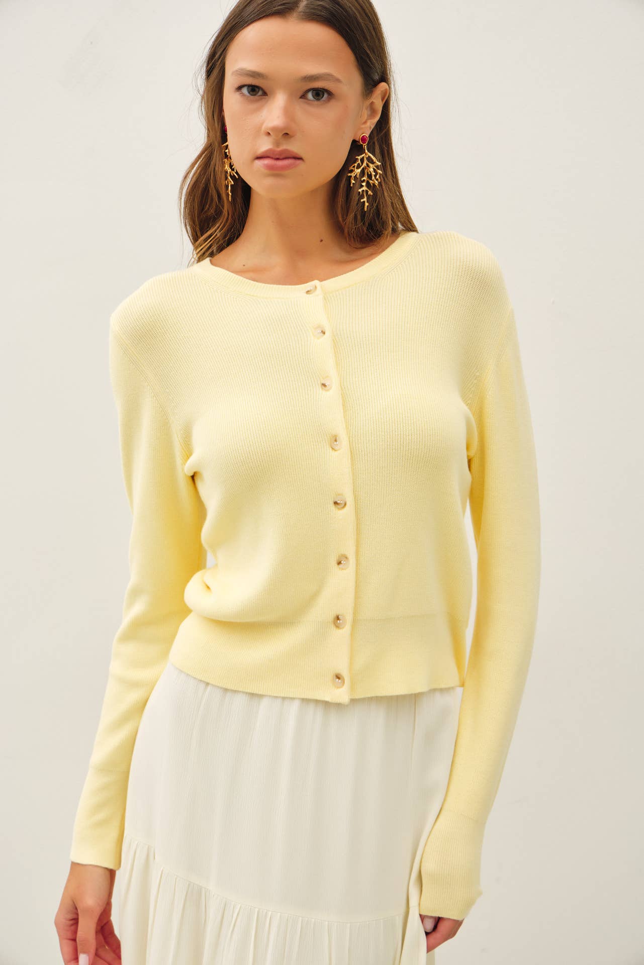 RIBBED CREWNECK CARDIGAN: LEMONADE