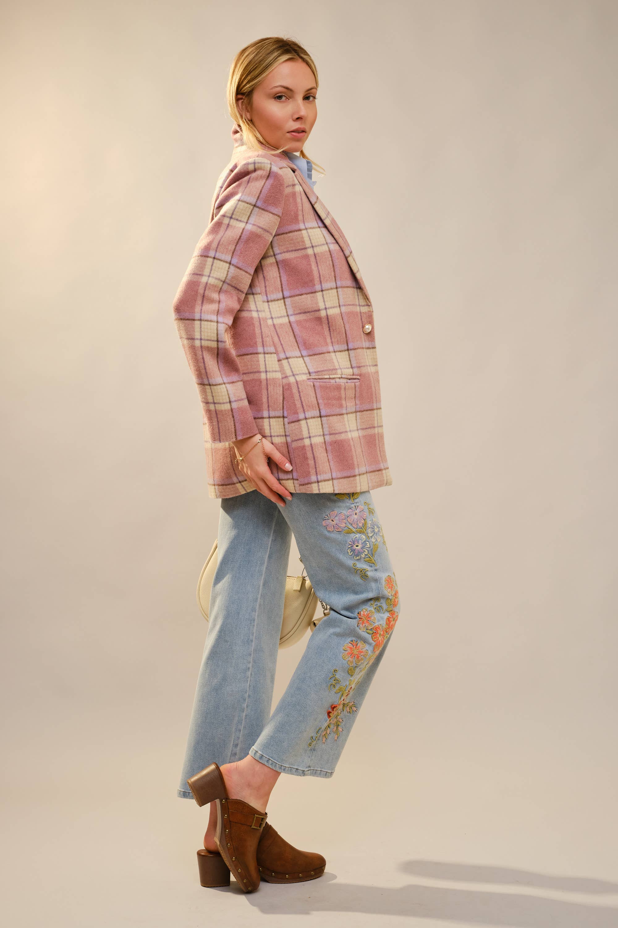 Plaid Pearl Button Blazer