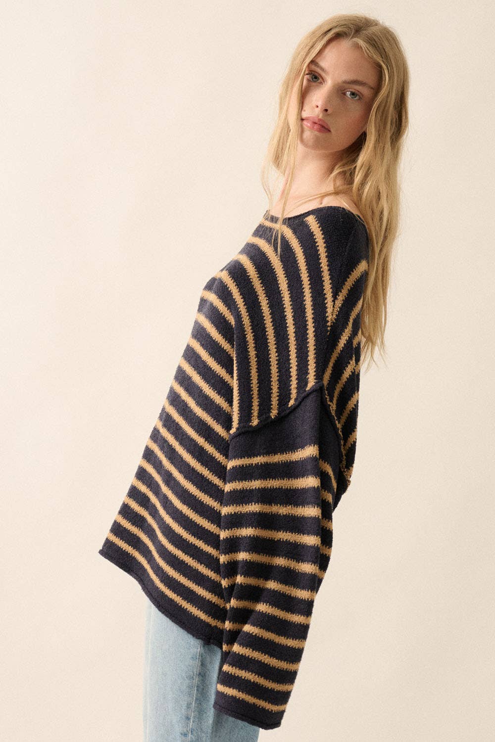 Cream Striped Knit Oversized Sweater