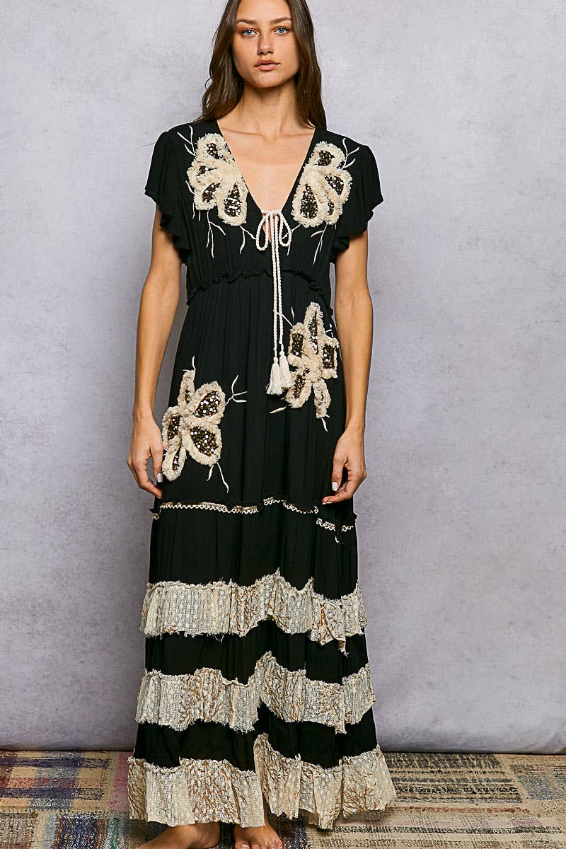 Ruffle Trim V-neck Embroidery Sequins Tassel Long Dress