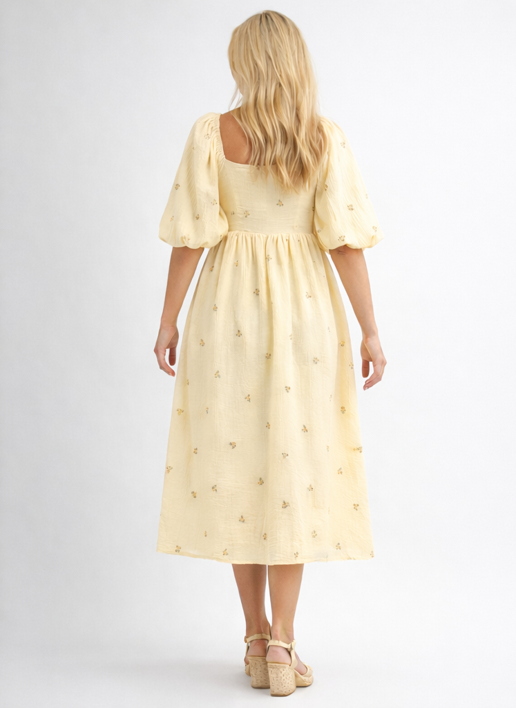 Smocked Puff Sleeve Midi Dress