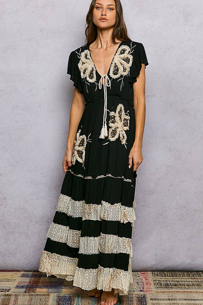 Ruffle Trim V-neck Embroidery Sequins Tassel Long Dress