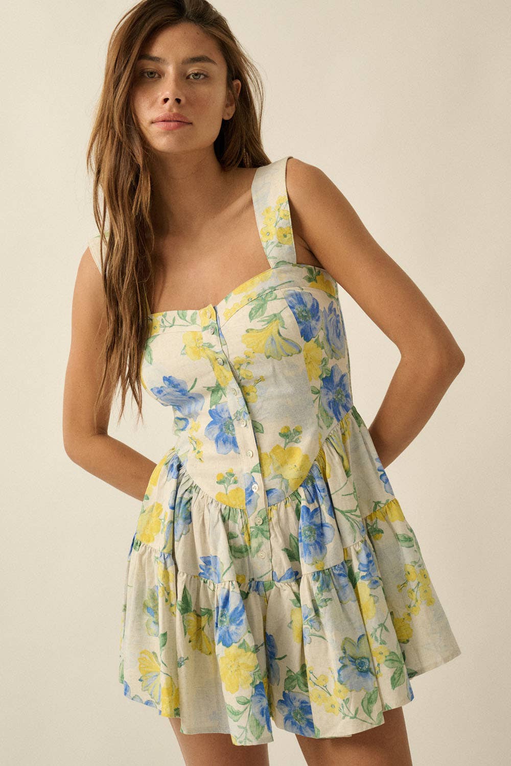 Floral-Print Fit-and-Flare Tiered Ruffle Romper