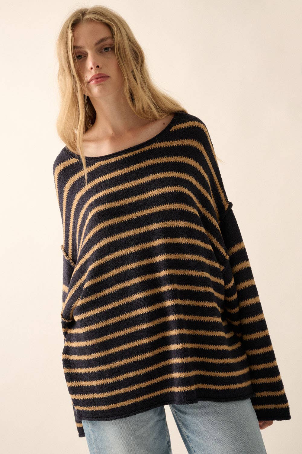 Cream Striped Knit Oversized Sweater