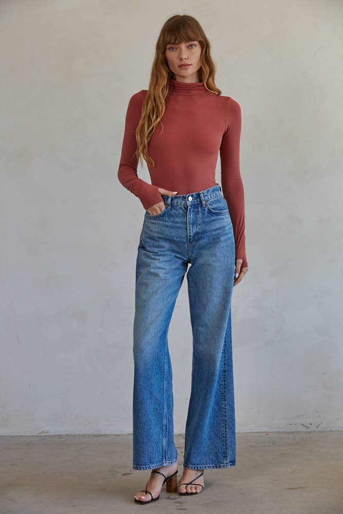 Knit Seamless Turtle Neck Long Sleeve Bodysuit: 3 Colors