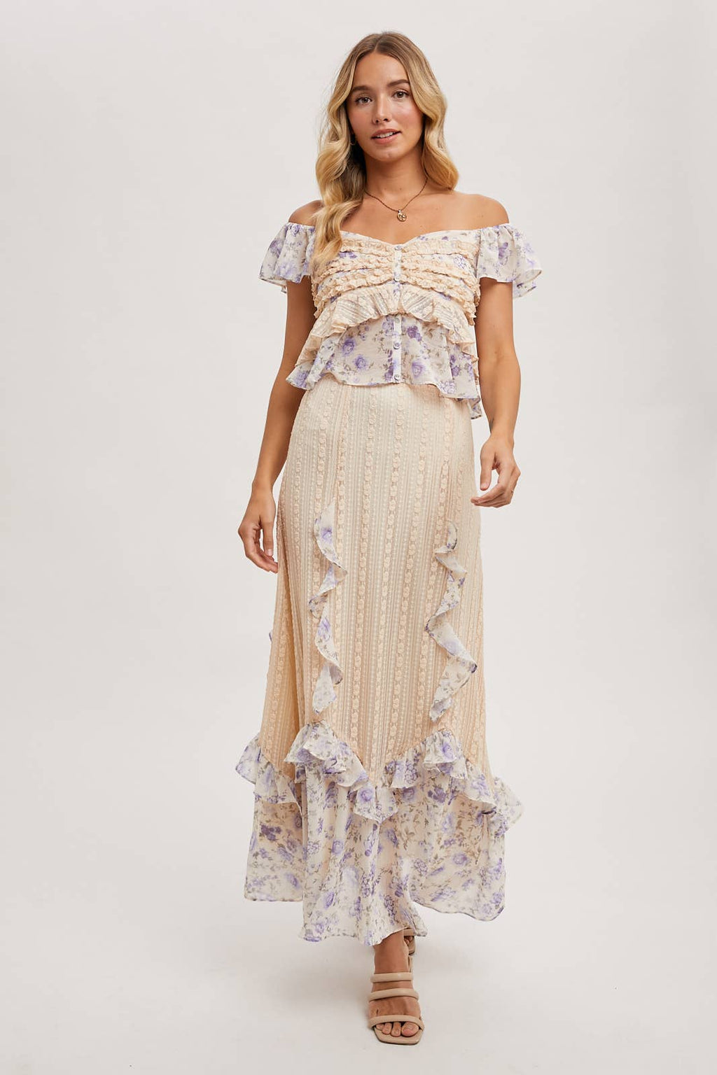 FLORAL PRINT TRIMMED MAXI LACE SKIRT WITH LINING