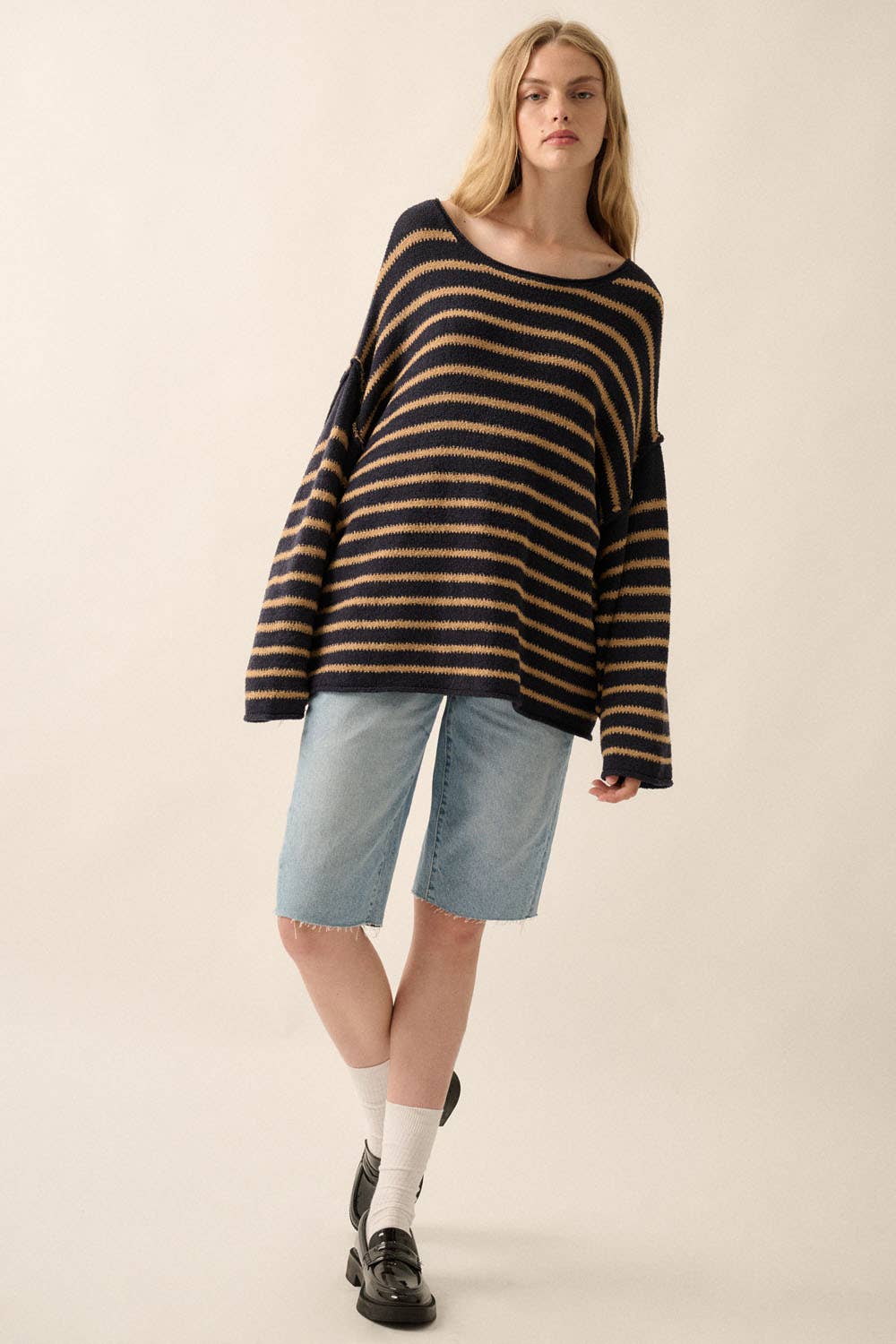 Cream Striped Knit Oversized Sweater