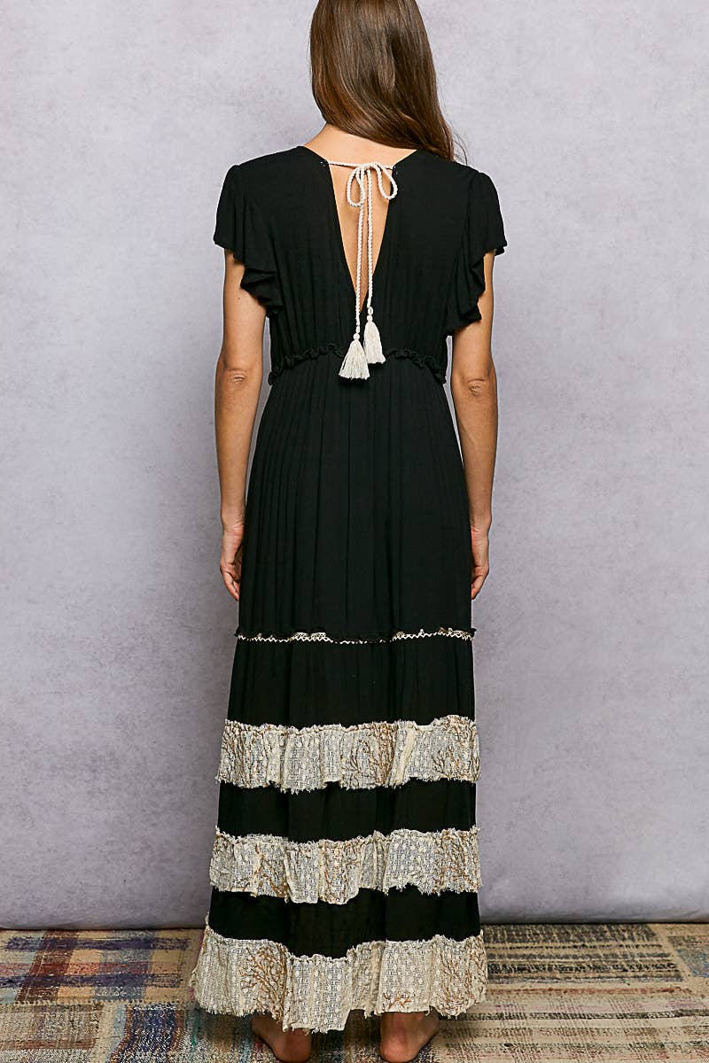 Ruffle Trim V-neck Embroidery Sequins Tassel Long Dress