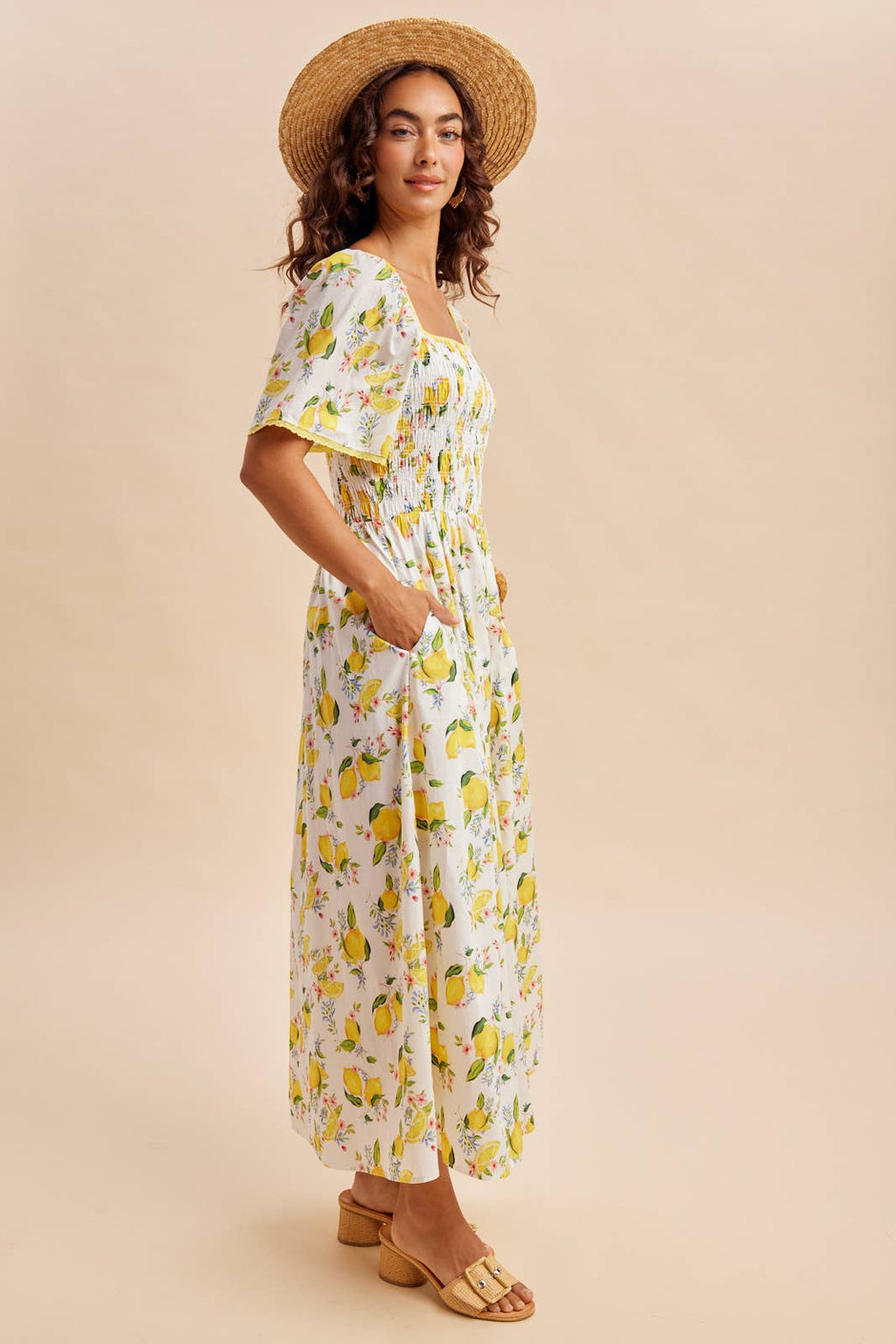 SMOCKED LEMON PRINT MAXI DRESS: CREME LEMON