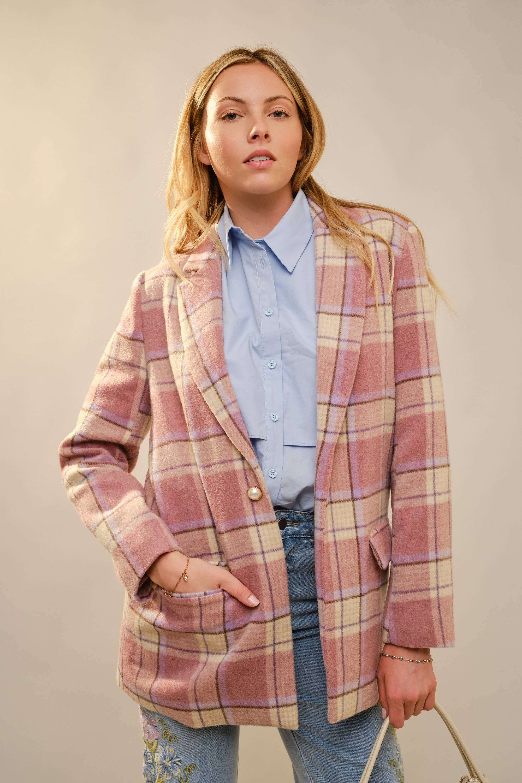 Plaid Pearl Button Blazer