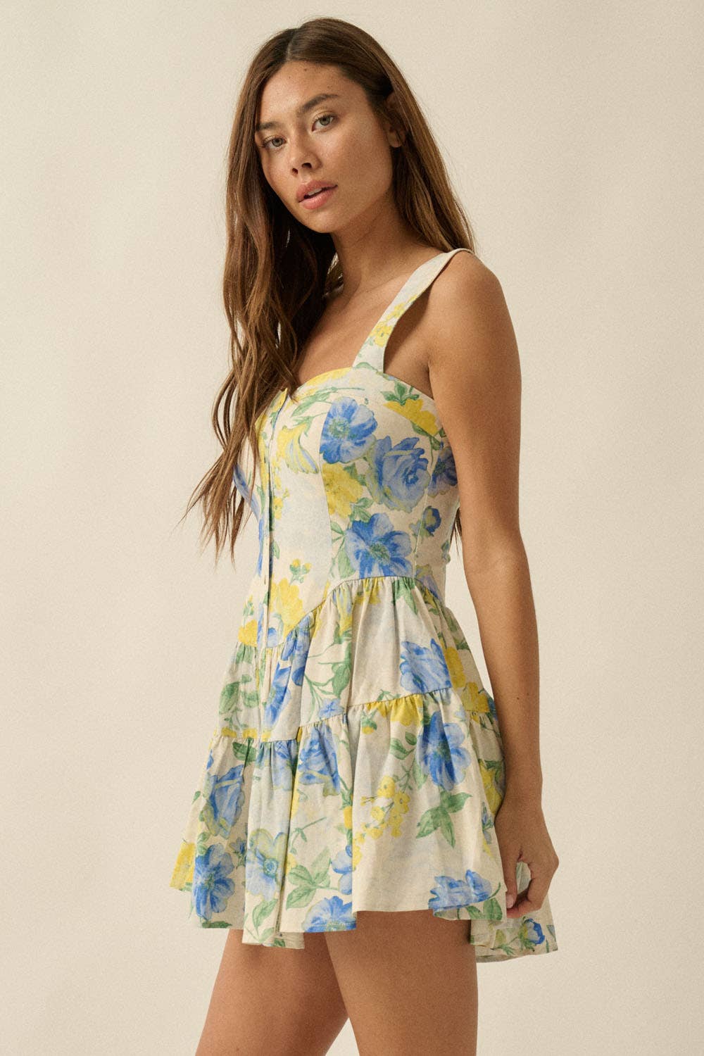 Floral-Print Fit-and-Flare Tiered Ruffle Romper