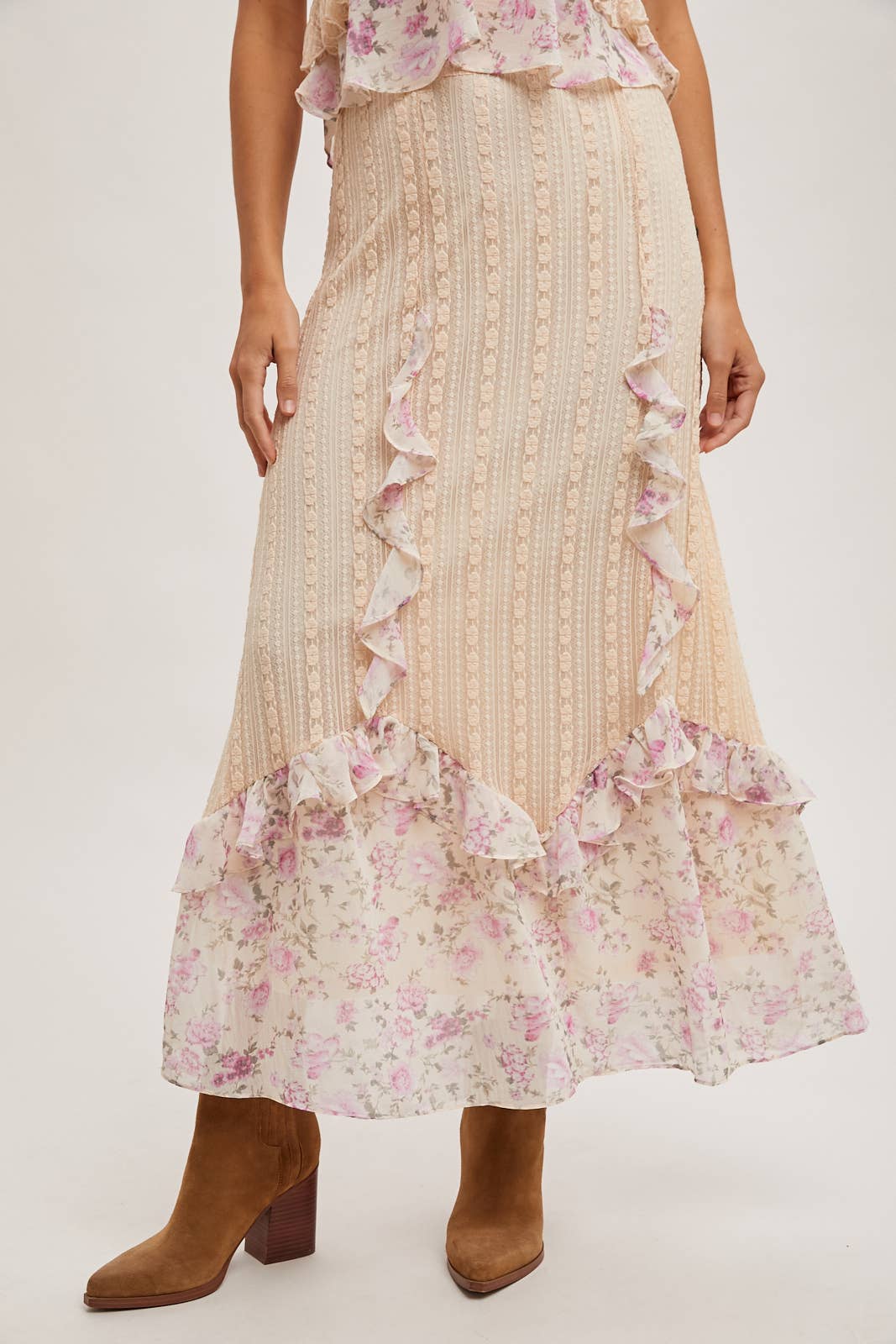 FLORAL PRINT TRIMMED MAXI LACE SKIRT WITH LINING