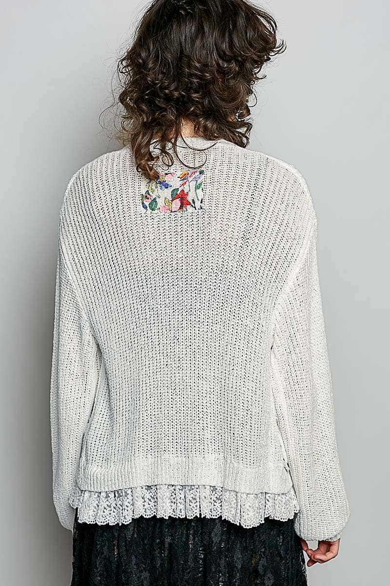 V-neck lace ruffle solid thin sweater cardigan: IVORY