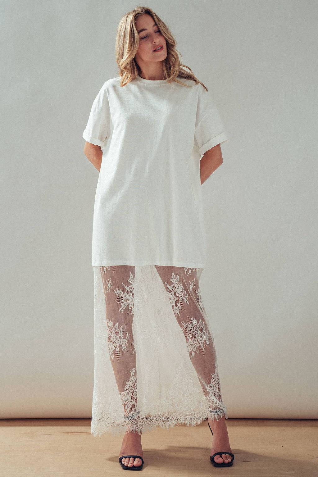 Mixed-Media T-Shirt Dress with Sheer Lace Skirt