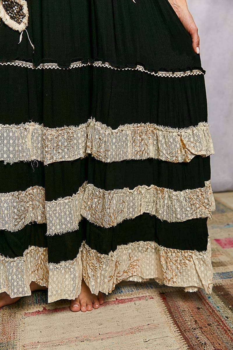 Ruffle Trim V-neck Embroidery Sequins Tassel Long Dress