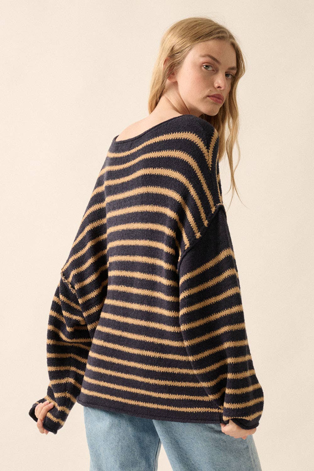 Cream Striped Knit Oversized Sweater