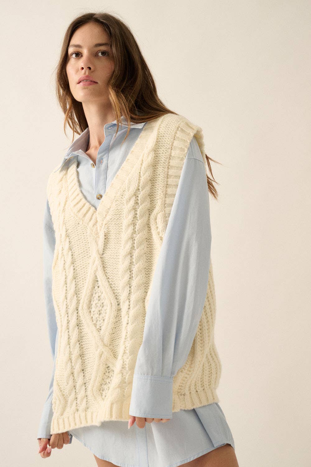 Cable Knit Sweater Vest: Cream