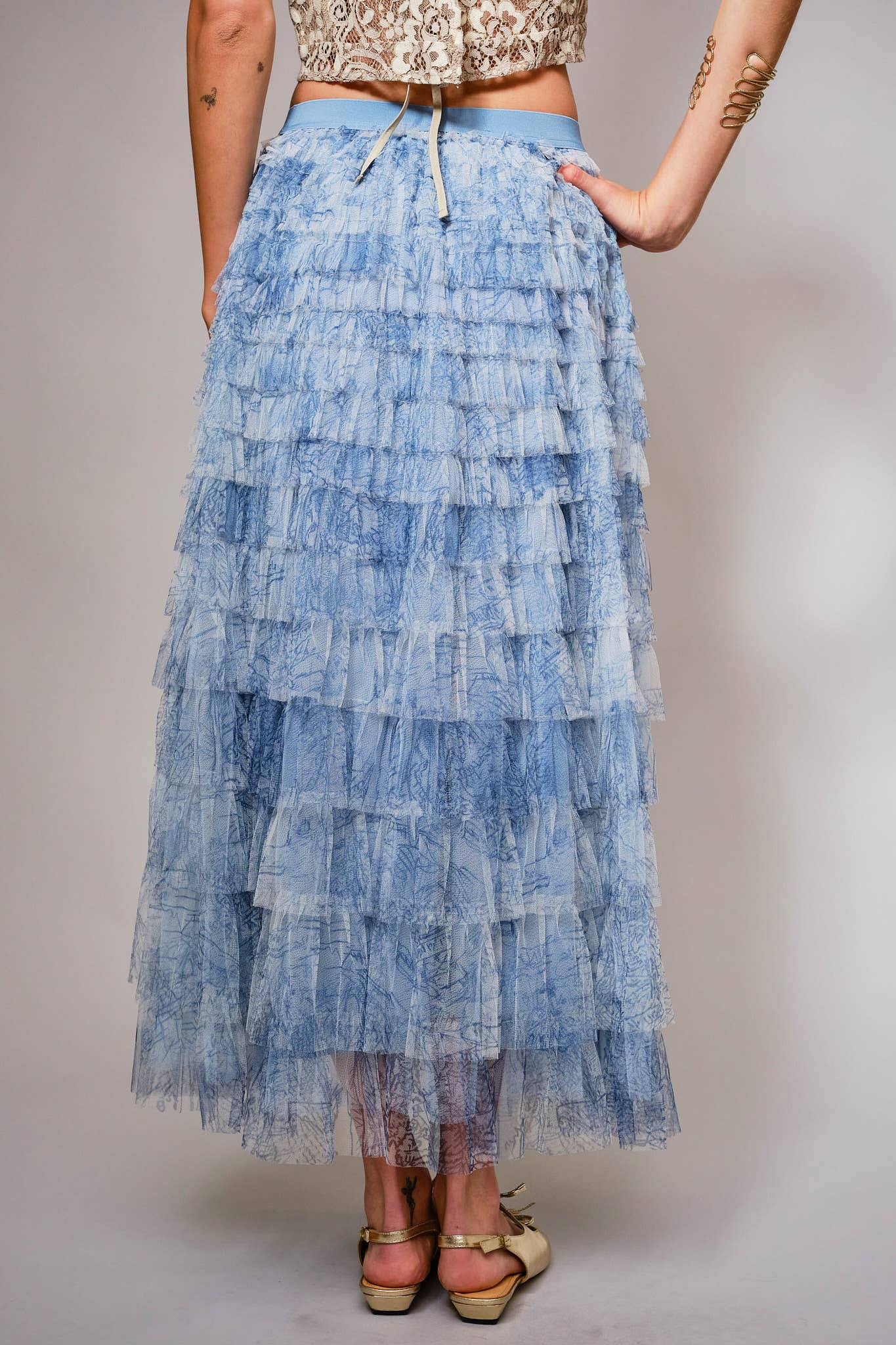Tiered Ruffle Tulle Maxi Skirt: DUSTY BLUE