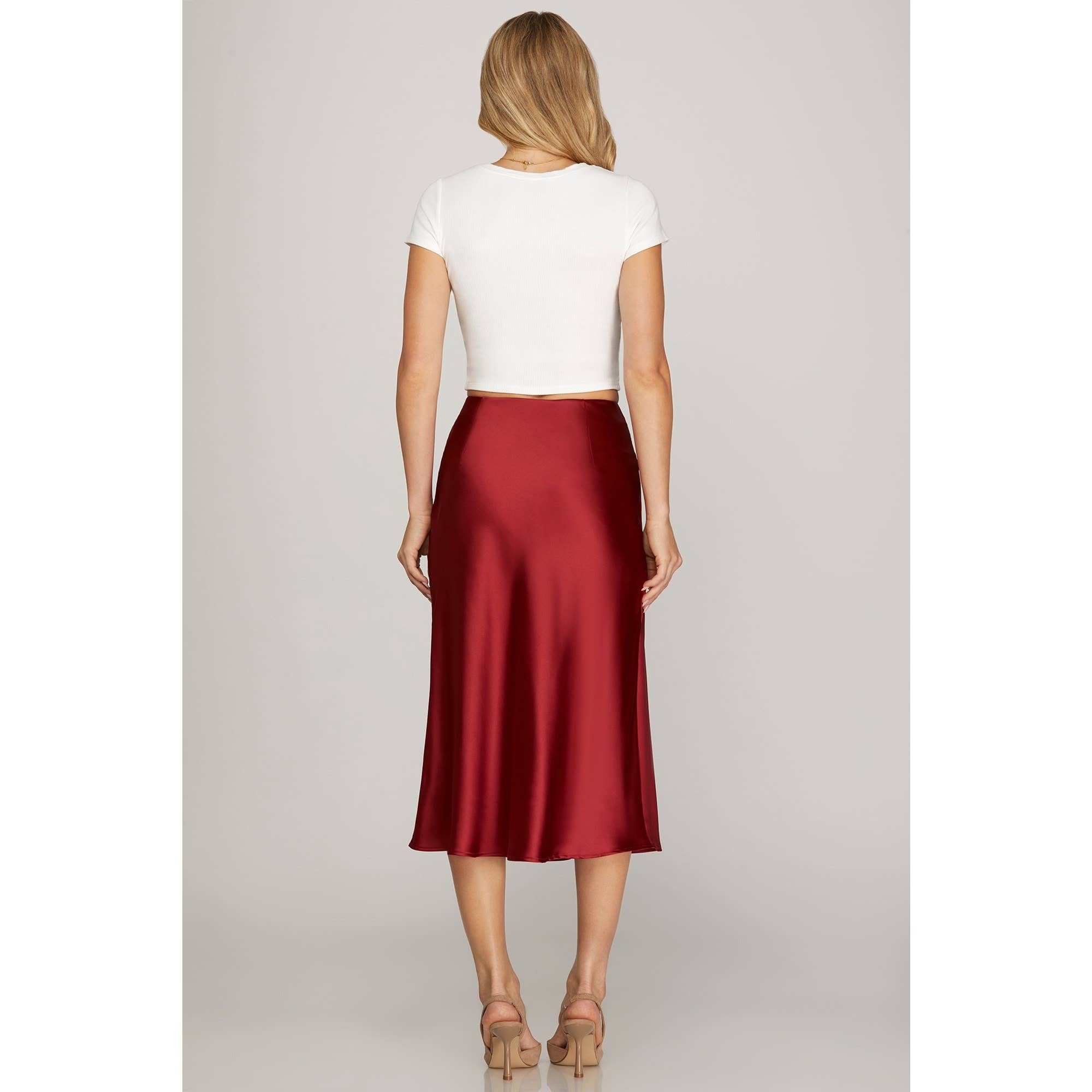 SATIN BIAS MIDI SKIRT: RED or BLACK