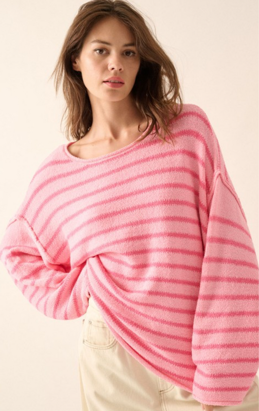 Cream Striped Knit Oversized Sweater