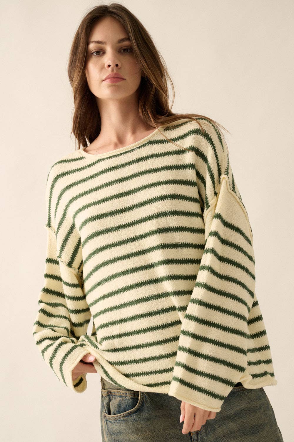 Cream Striped Knit Oversized Sweater