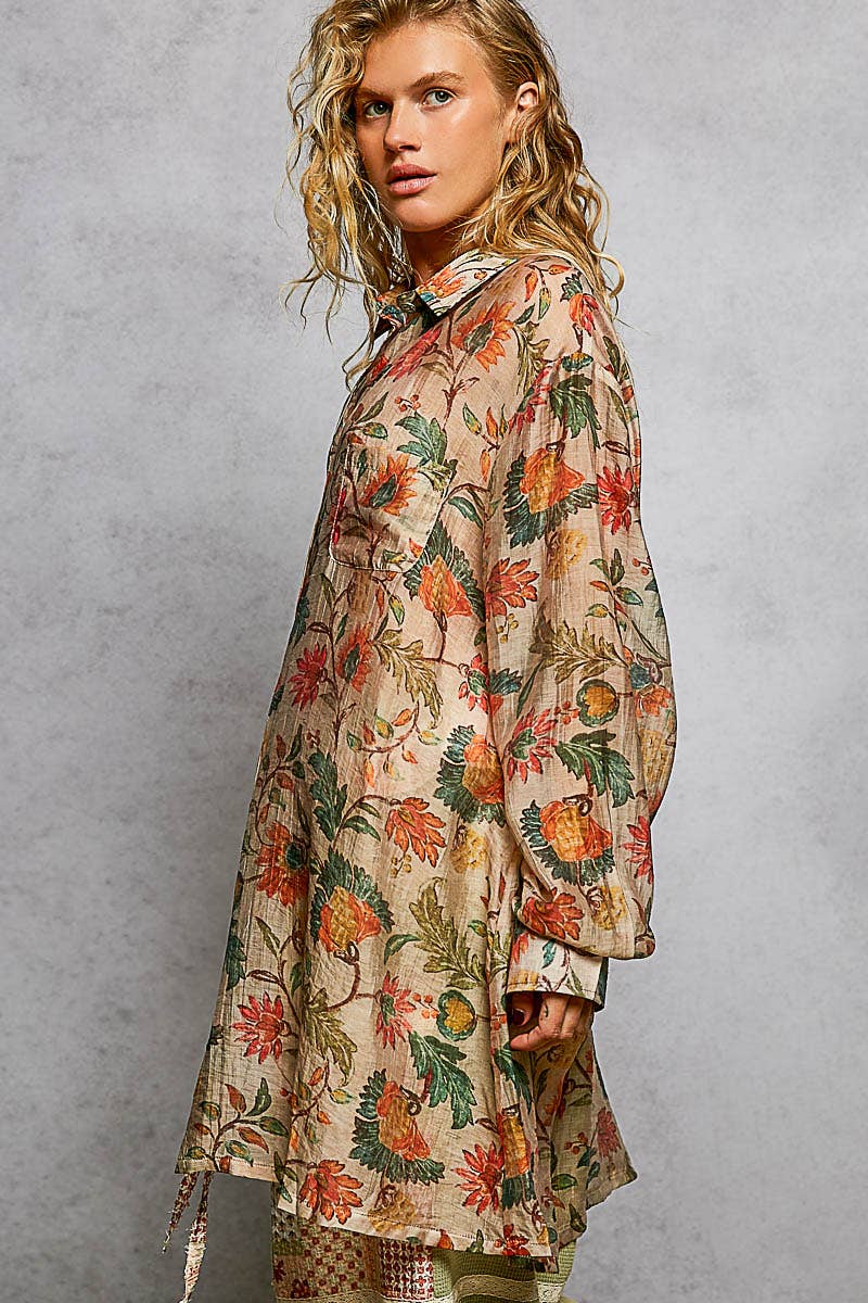 Boho Floral Print Long Sleeve Oversized Woven Shirt Top
