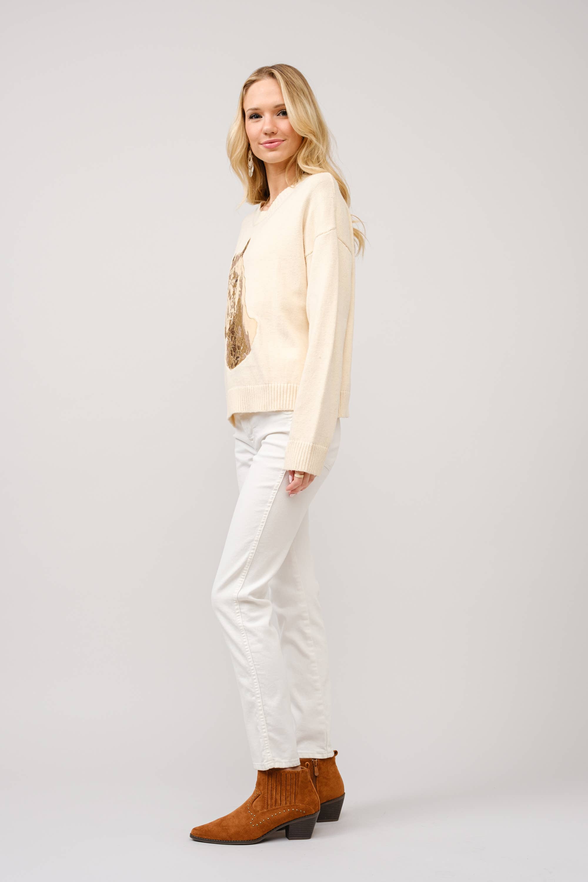Embroidered Horse Crew Neck Sweater: CREAM