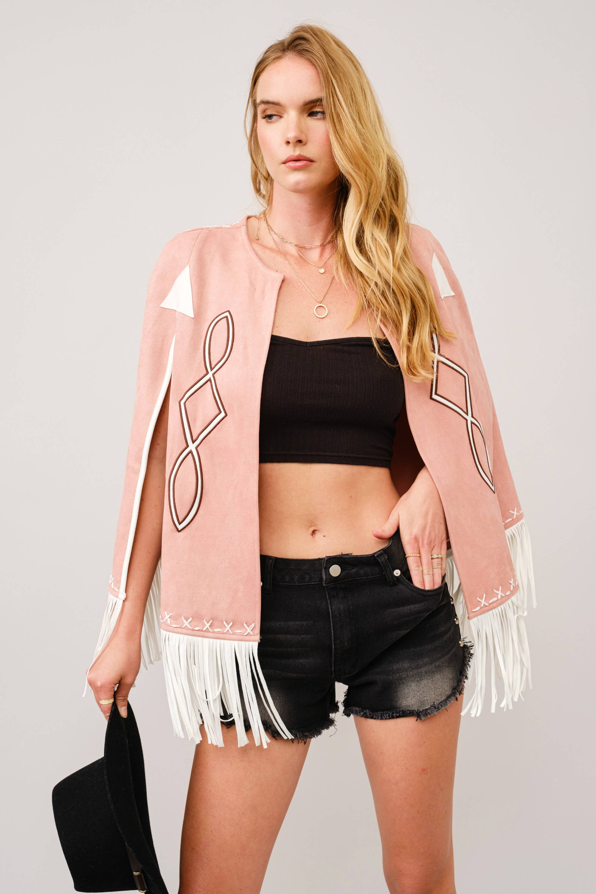 Fringe Detail Open Cape Jacket: Pink