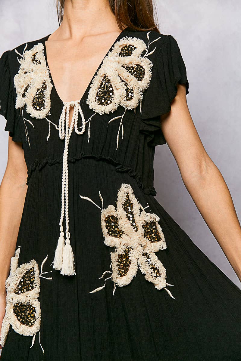 Ruffle Trim V-neck Embroidery Sequins Tassel Long Dress