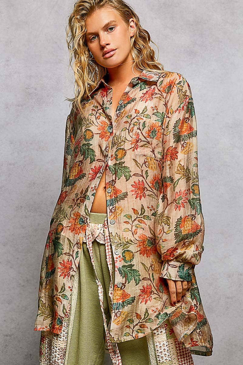 Boho Floral Print Long Sleeve Oversized Woven Shirt Top