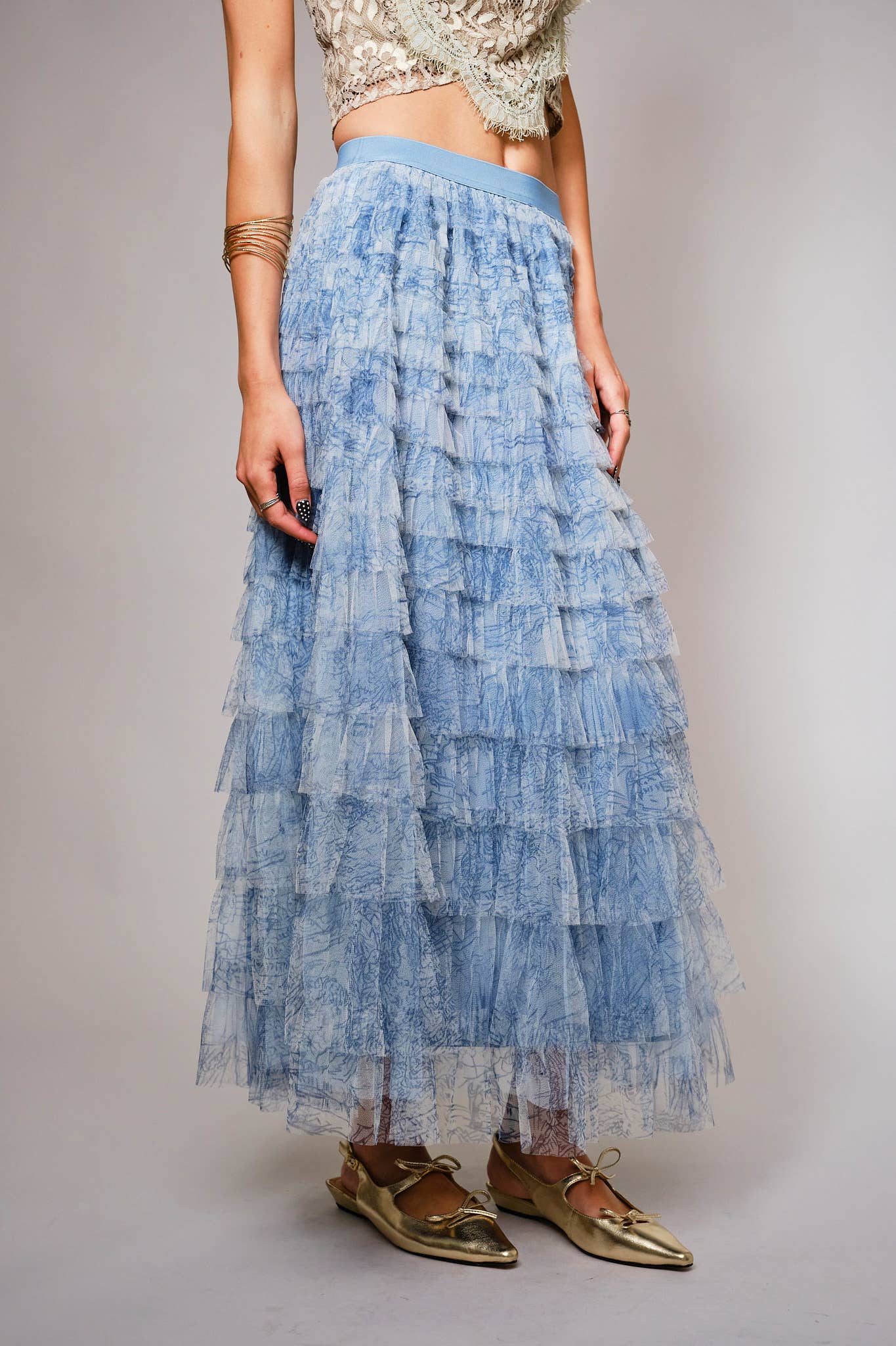 Tiered Ruffle Tulle Maxi Skirt: DUSTY BLUE