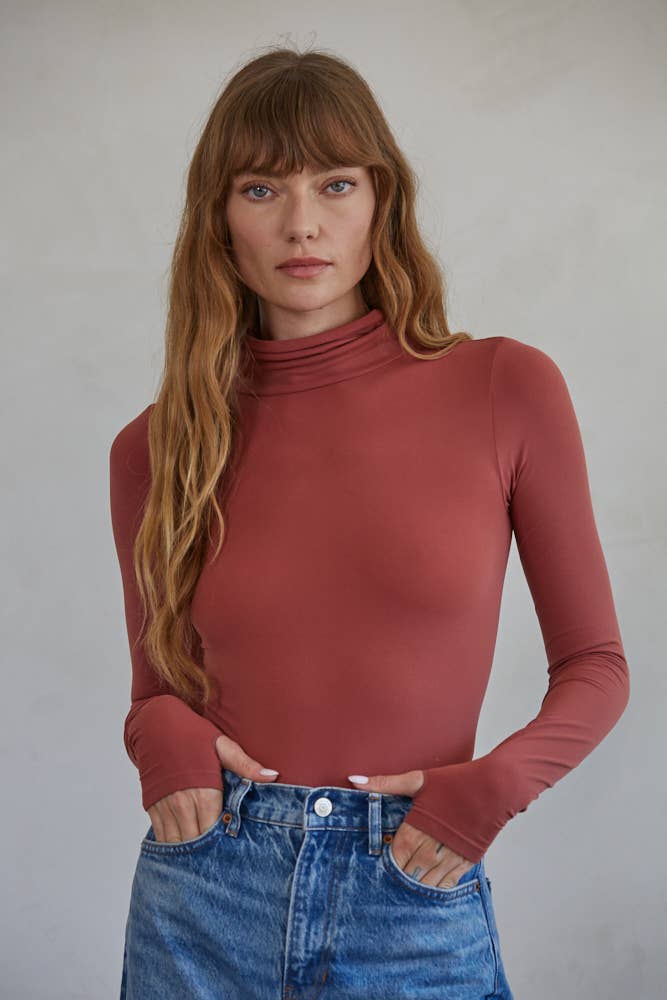 Knit Seamless Turtle Neck Long Sleeve Bodysuit: 3 Colors