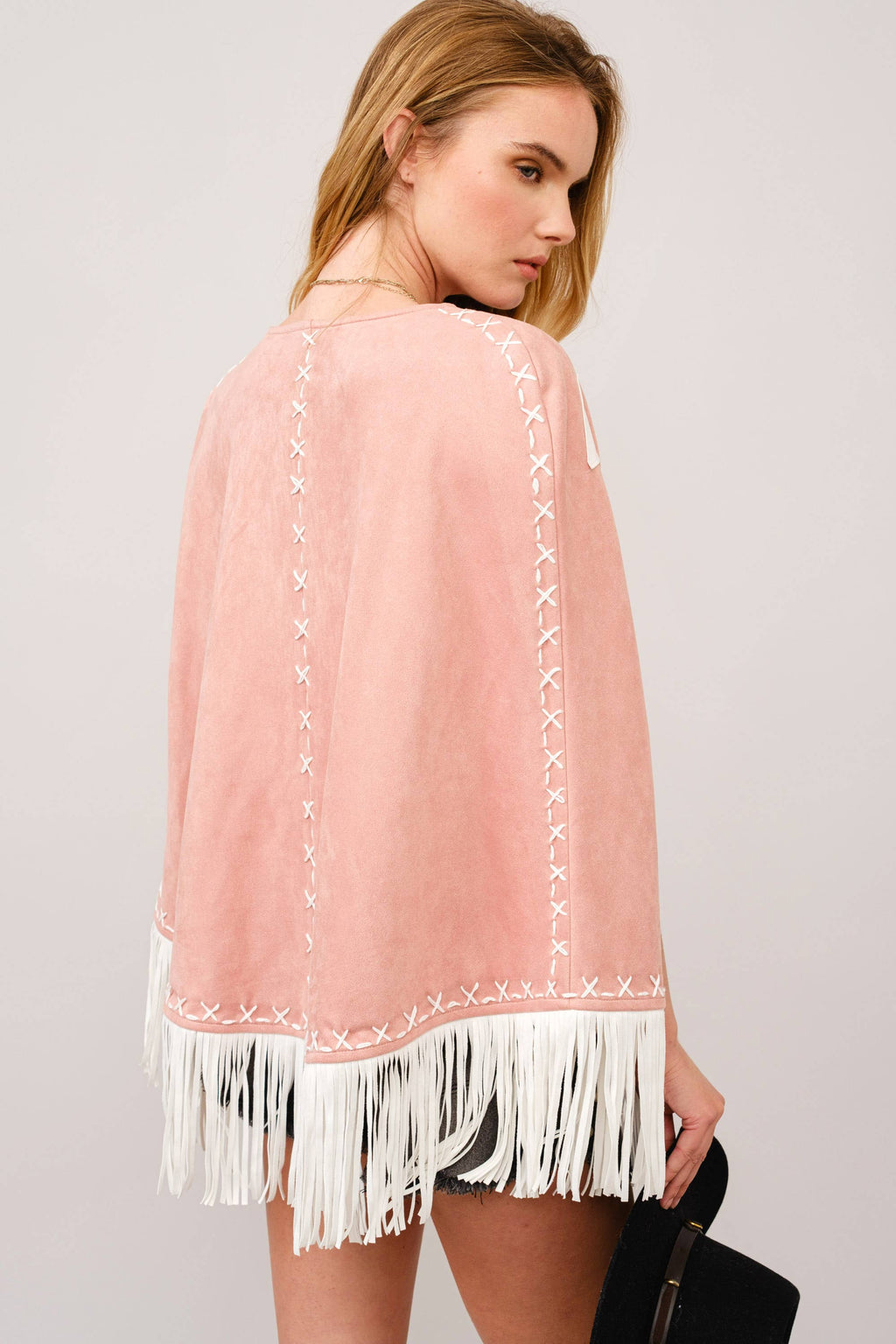 Fringe Detail Open Cape Jacket: Pink