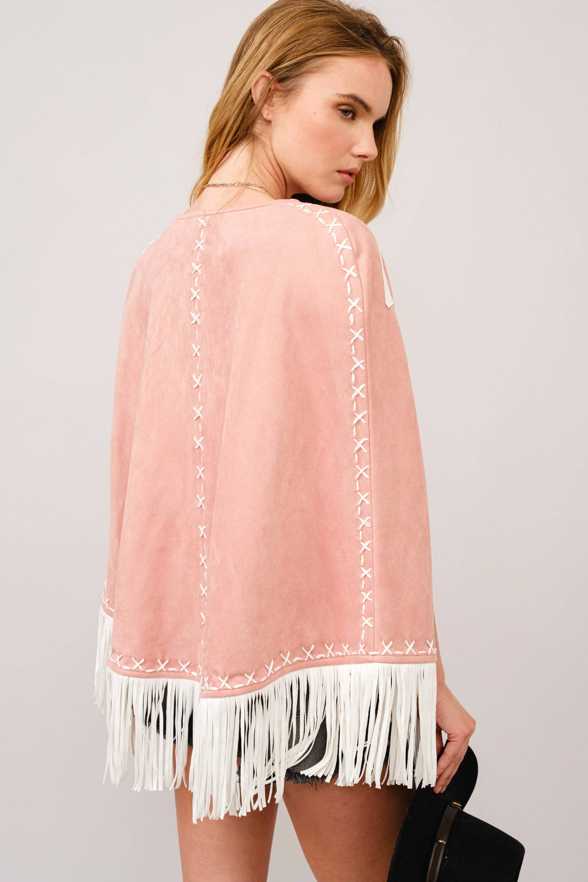 Fringe Detail Open Cape Jacket: Pink