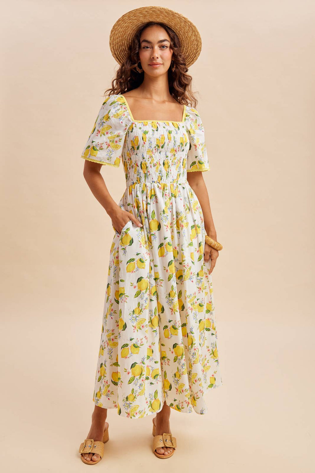 SMOCKED LEMON PRINT MAXI DRESS: CREME LEMON